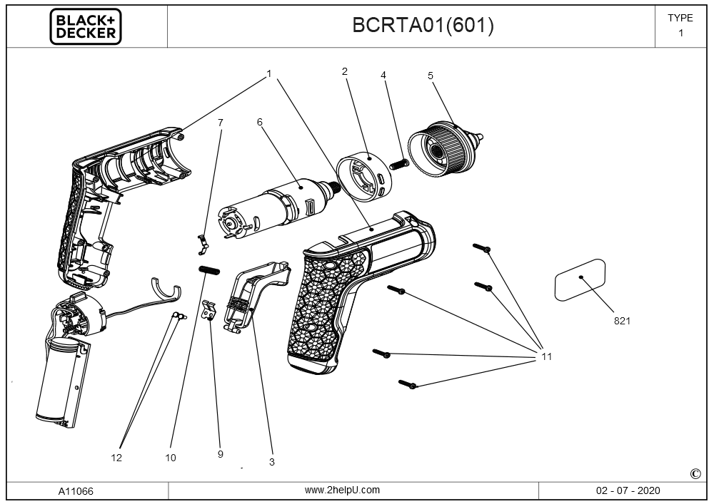 Exploded Diagram A Diagram and Parts List for BCRTA601I Type 1 Black and Decker Cordless Drill